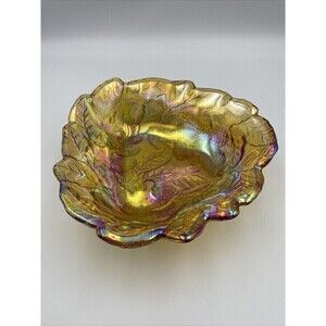 Antique Imperial Marigold Carnival Grape Leaf Shape Glass Scalloped Bowl Dish 7"